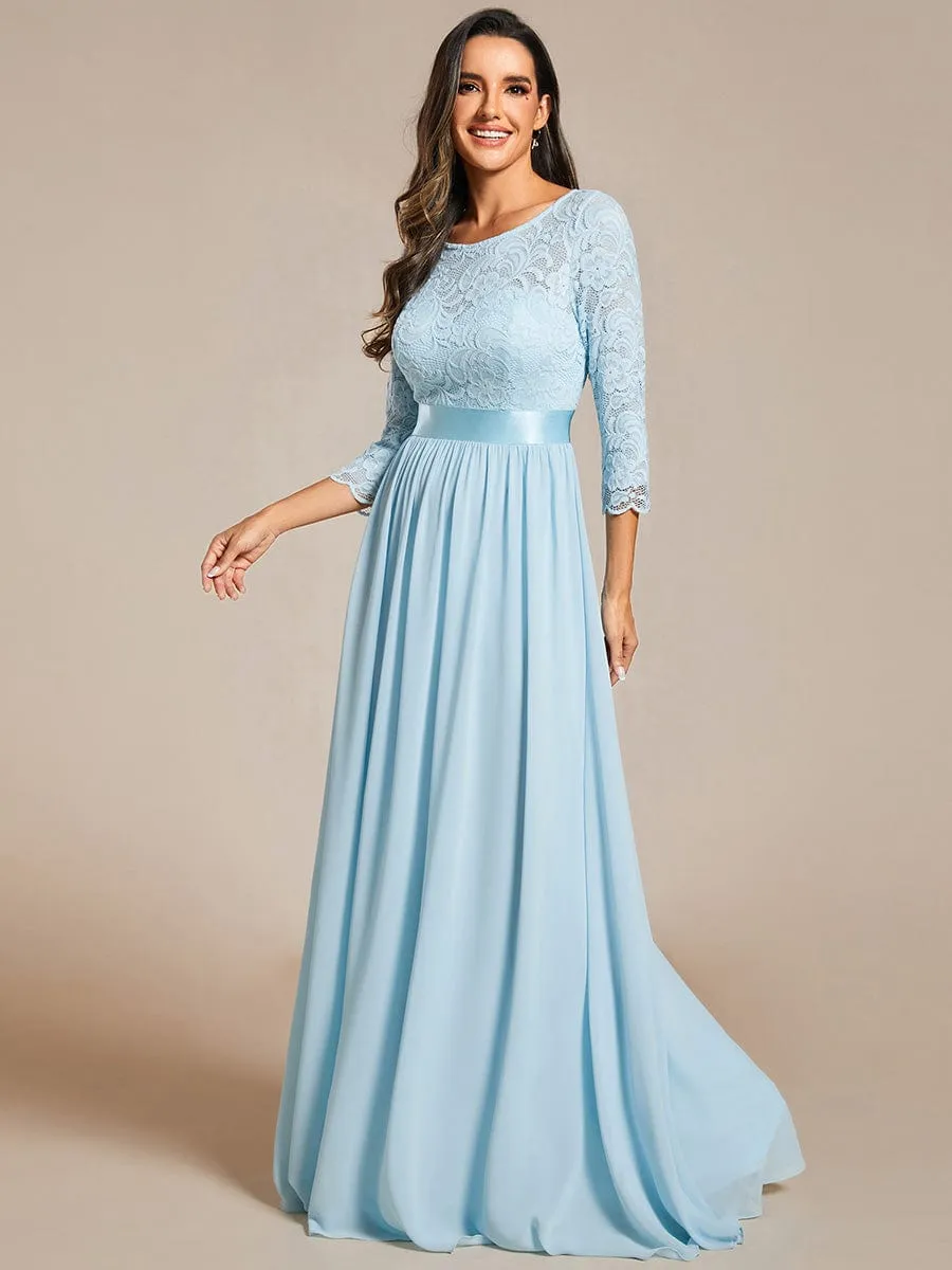 See-Through Floor Length Lace Chiffon Evening Dress with Half Sleeve