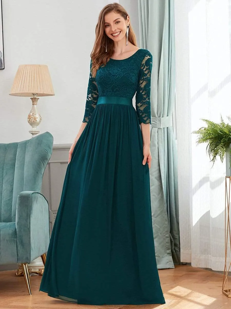 See-Through Floor Length Lace Chiffon Evening Dress with Half Sleeve