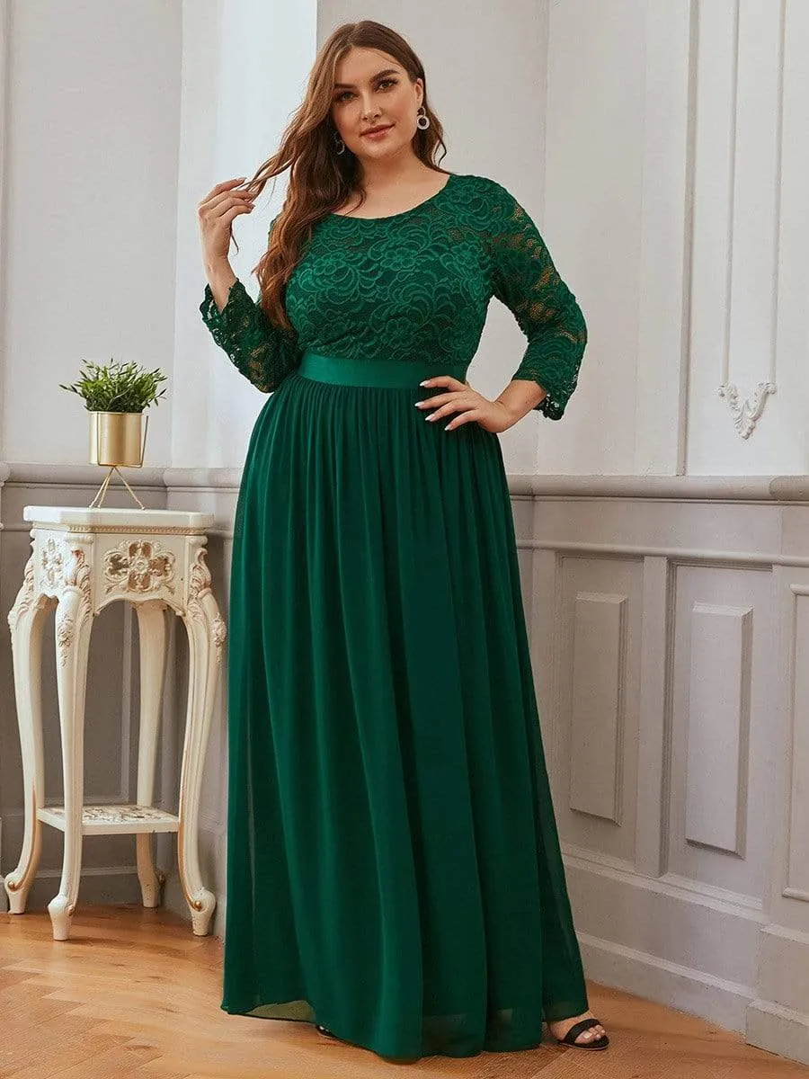 See-Through Floor Length Lace Chiffon Evening Dress with Half Sleeve