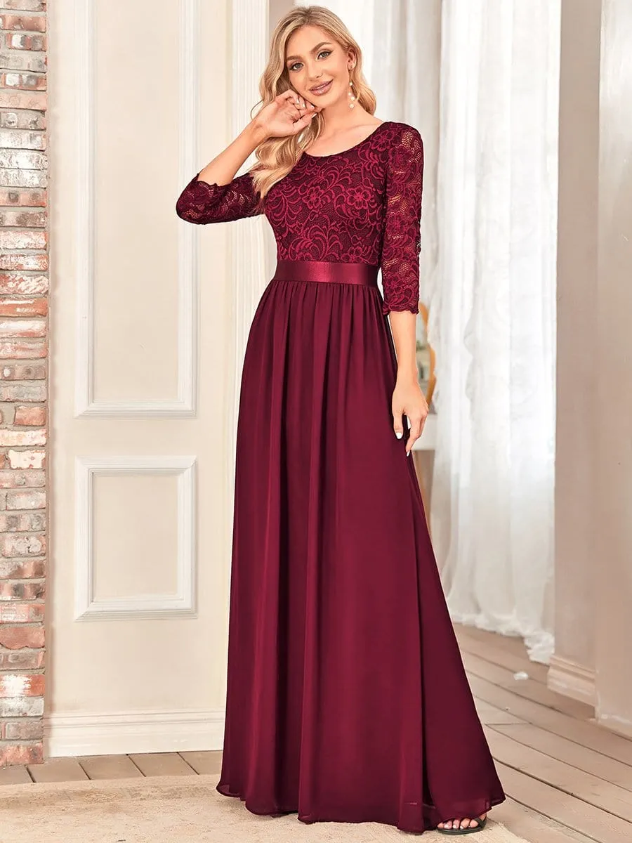 See-Through Floor Length Lace Chiffon Evening Dress with Half Sleeve