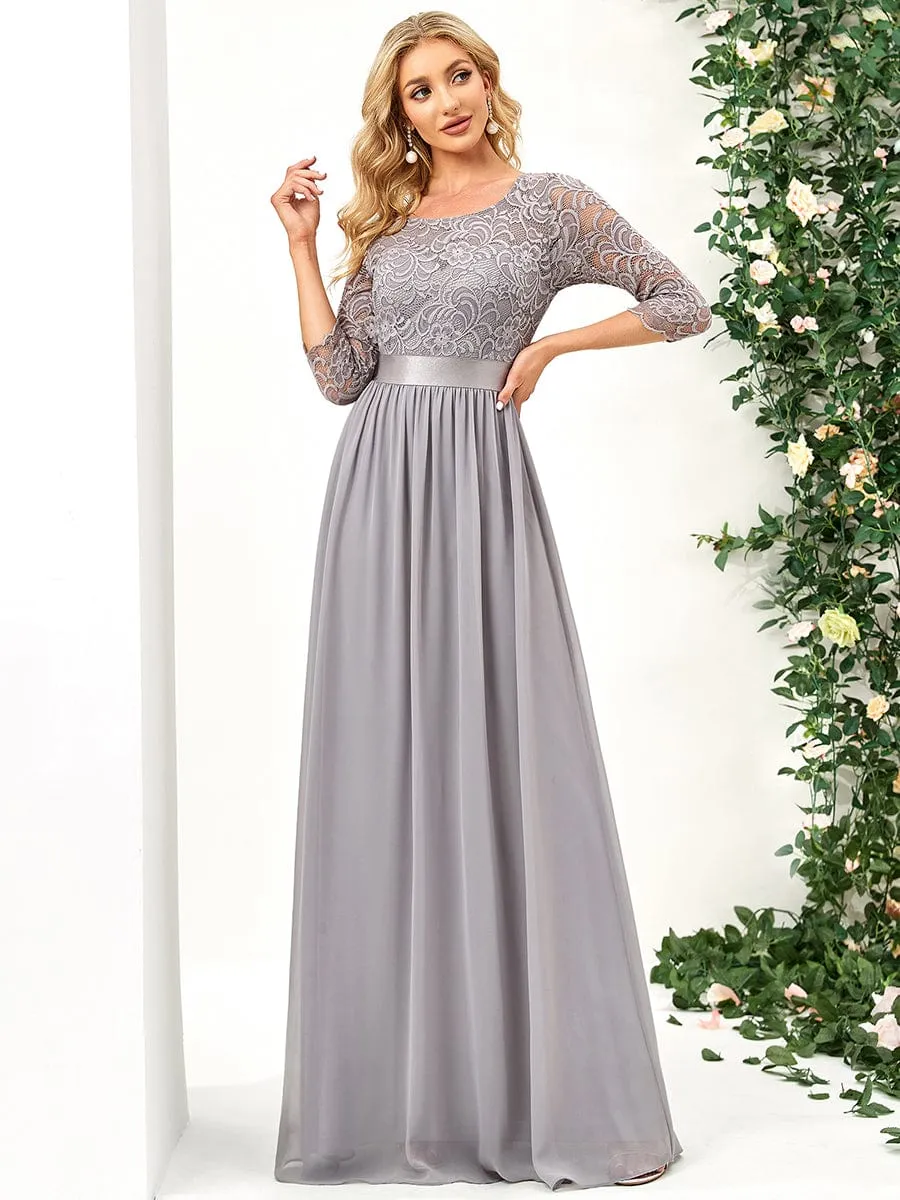 See-Through Floor Length Lace Chiffon Evening Dress with Half Sleeve