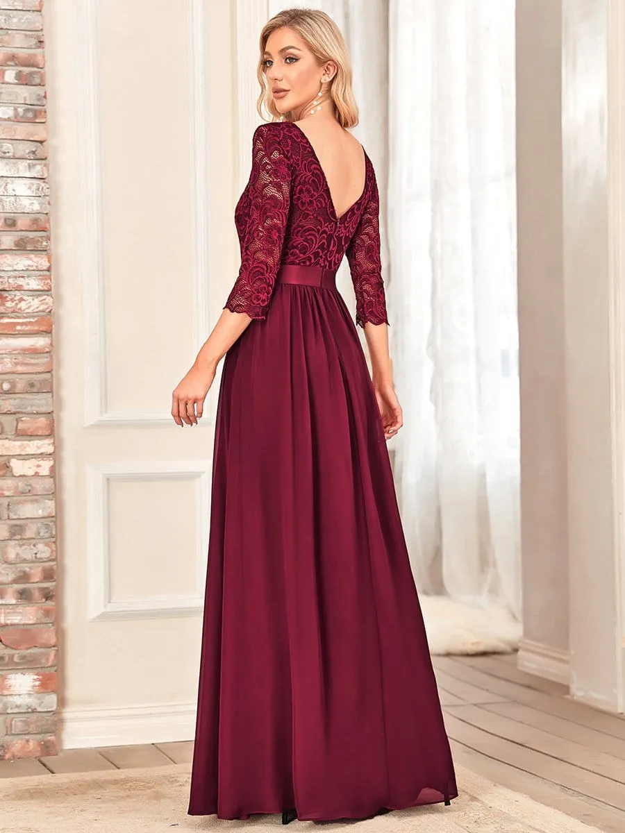 See-Through Floor Length Lace Chiffon Evening Dress with Half Sleeve