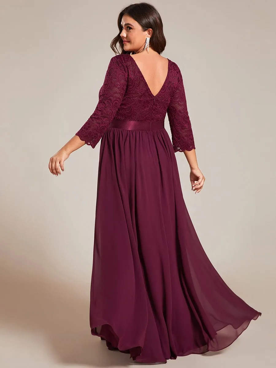 See-Through Floor Length Lace Chiffon Evening Dress with Half Sleeve