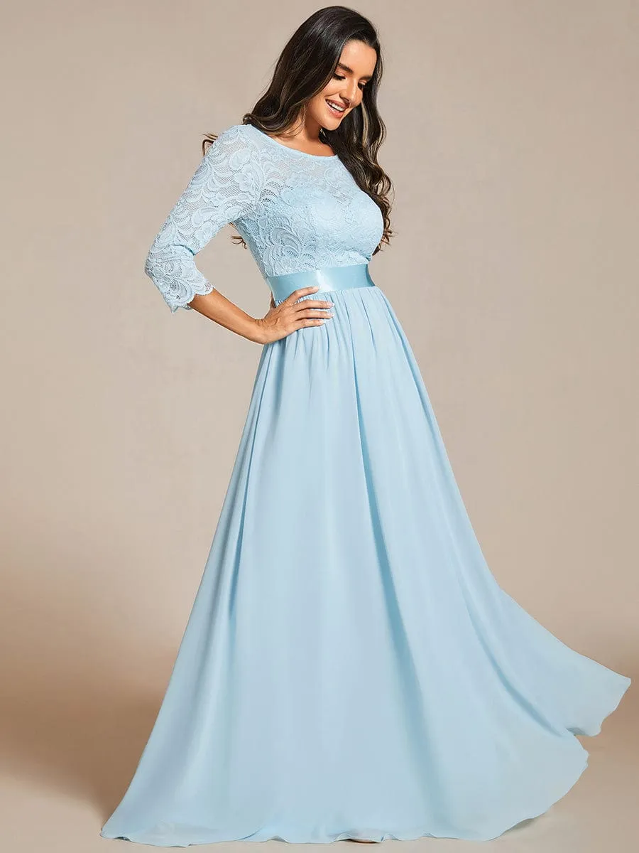 See-Through Floor Length Lace Chiffon Evening Dress with Half Sleeve