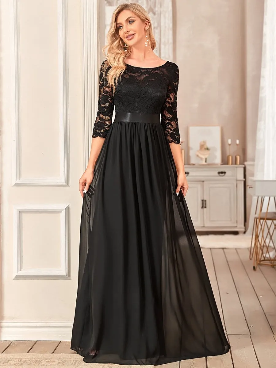 See-Through Floor Length Lace Chiffon Evening Dress with Half Sleeve