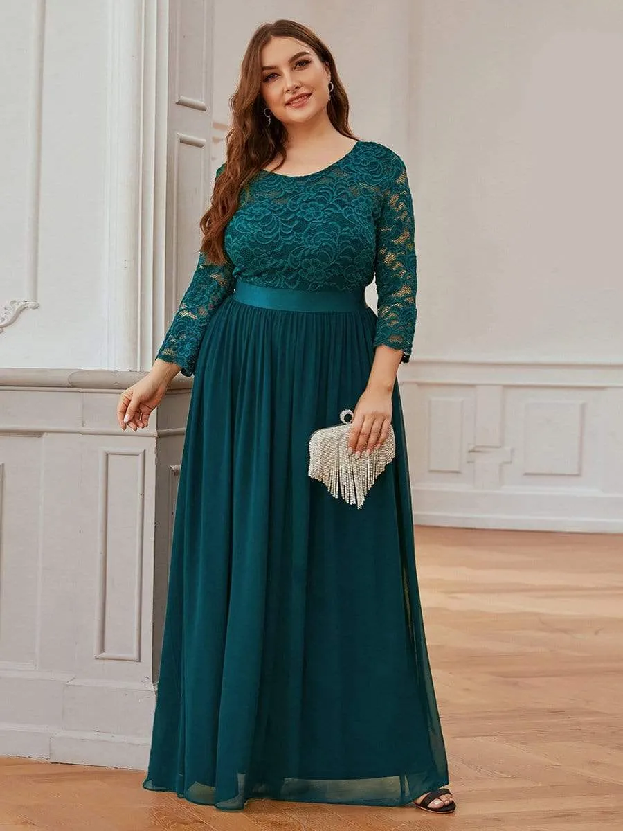 See-Through Floor Length Lace Chiffon Evening Dress with Half Sleeve