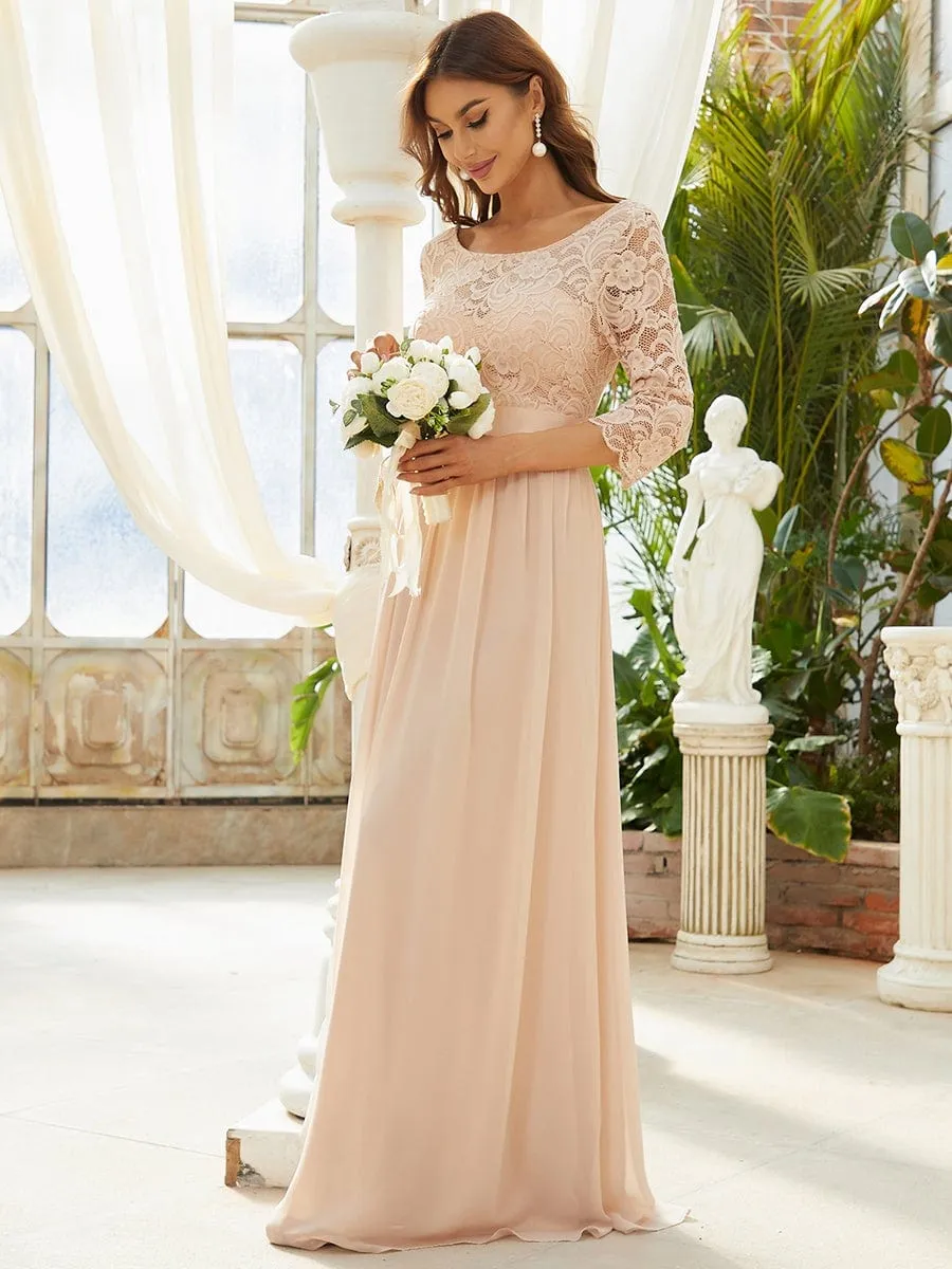 See-Through Floor Length Lace Chiffon Evening Dress with Half Sleeve