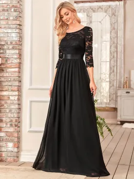 See-Through Floor Length Lace Chiffon Evening Dress with Half Sleeve