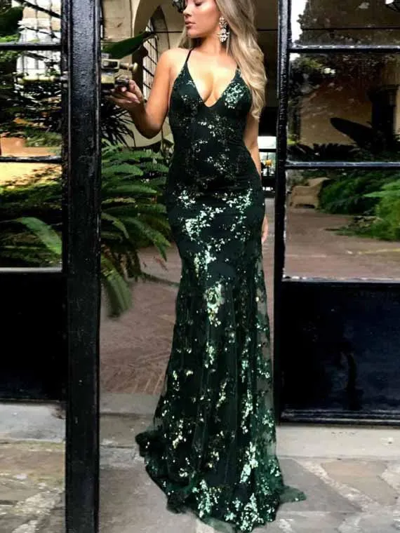 Sexy Mermaid Sexy Backless Dark Navy Lace Prom Dress with Sequin ER2173