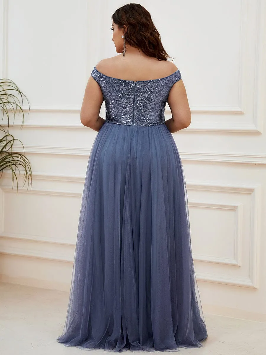 Shiny Sequin Bodice Off the Shoulder Maxi Tulle Evening Dress