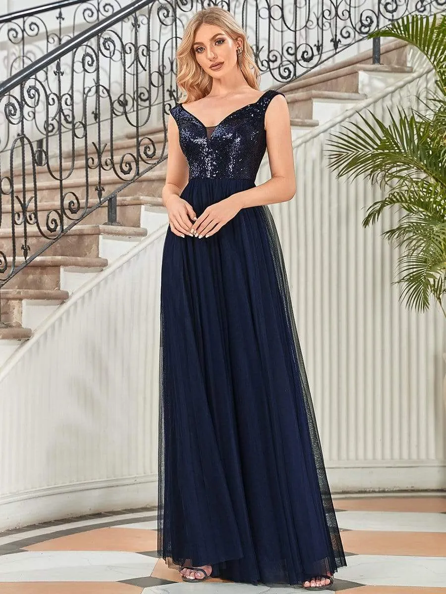 Shiny Sequin Bodice Off the Shoulder Maxi Tulle Evening Dress