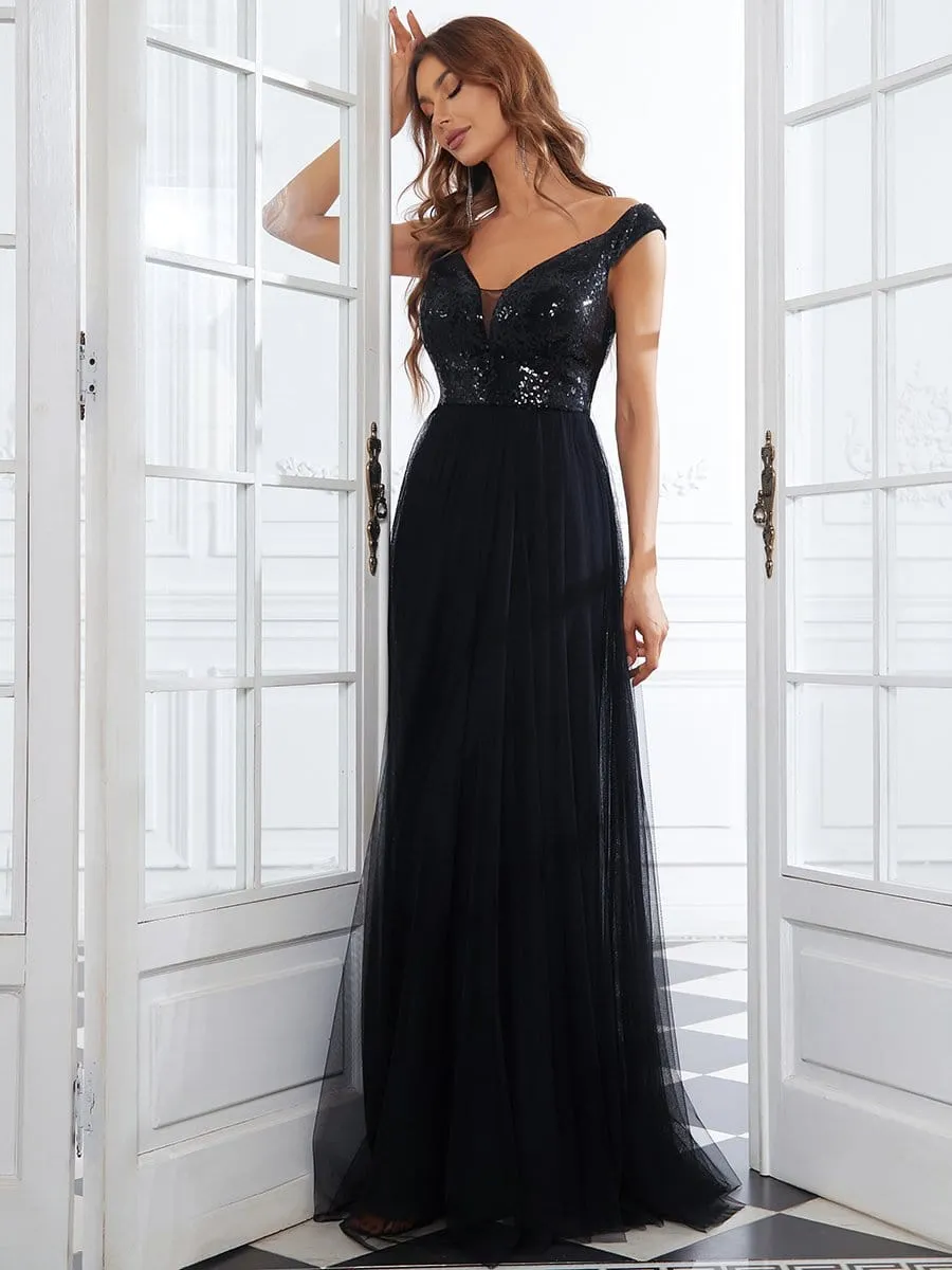 Shiny Sequin Bodice Off the Shoulder Maxi Tulle Evening Dress