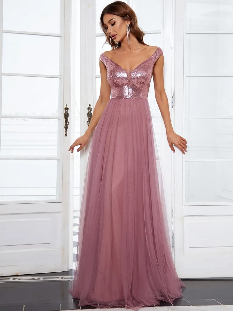 Shiny Sequin Bodice Off the Shoulder Maxi Tulle Evening Dress