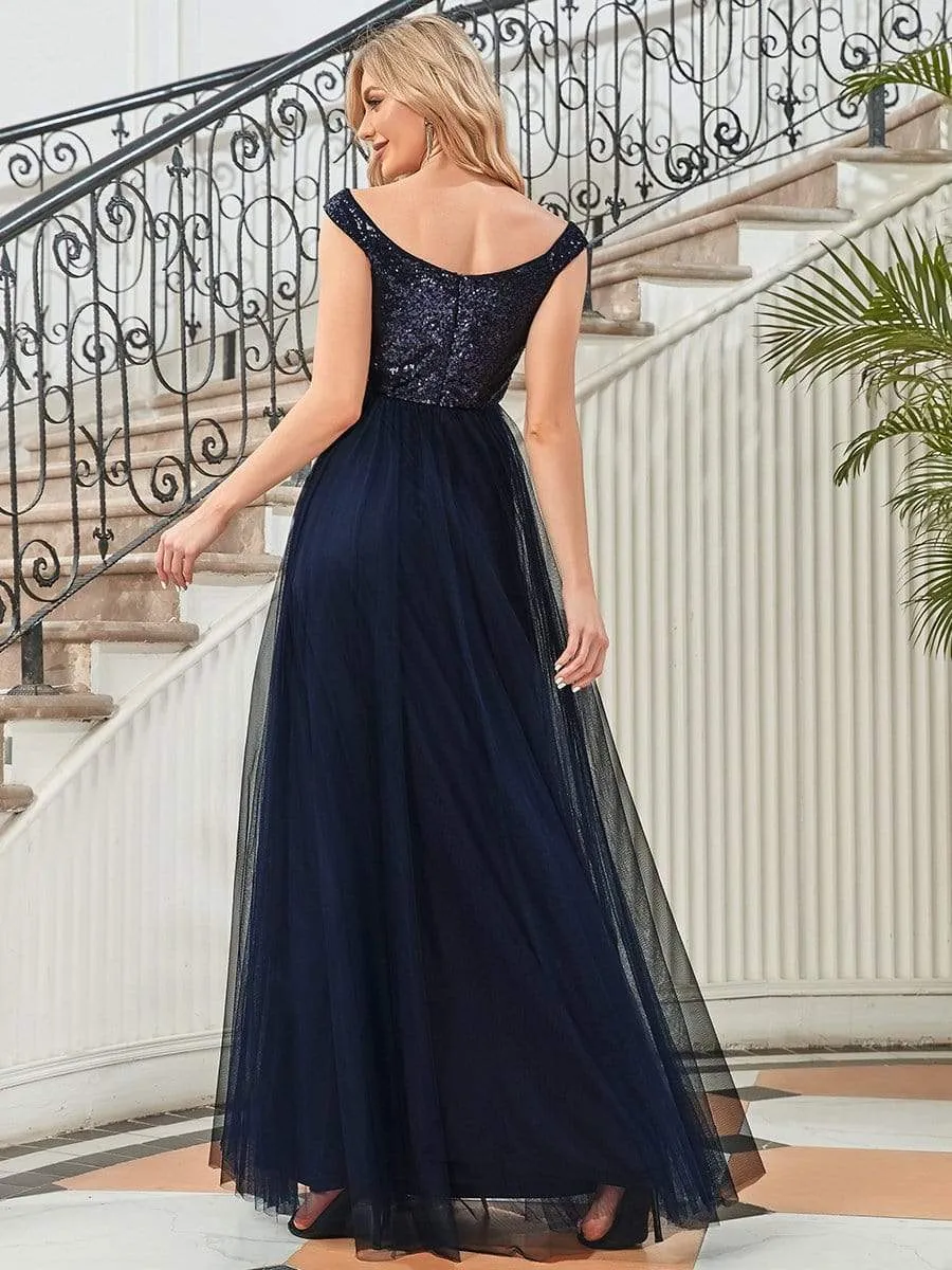 Shiny Sequin Bodice Off the Shoulder Maxi Tulle Evening Dress