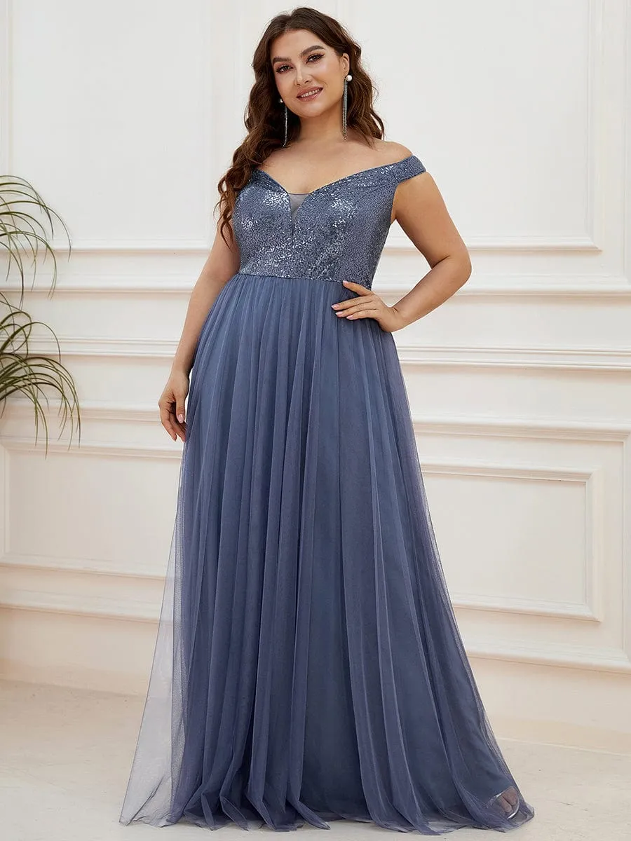 Shiny Sequin Bodice Off the Shoulder Maxi Tulle Evening Dress