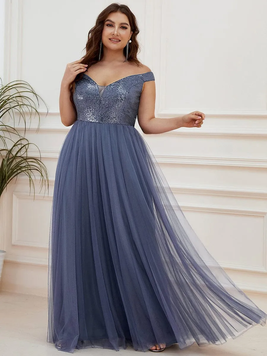 Shiny Sequin Bodice Off the Shoulder Maxi Tulle Evening Dress