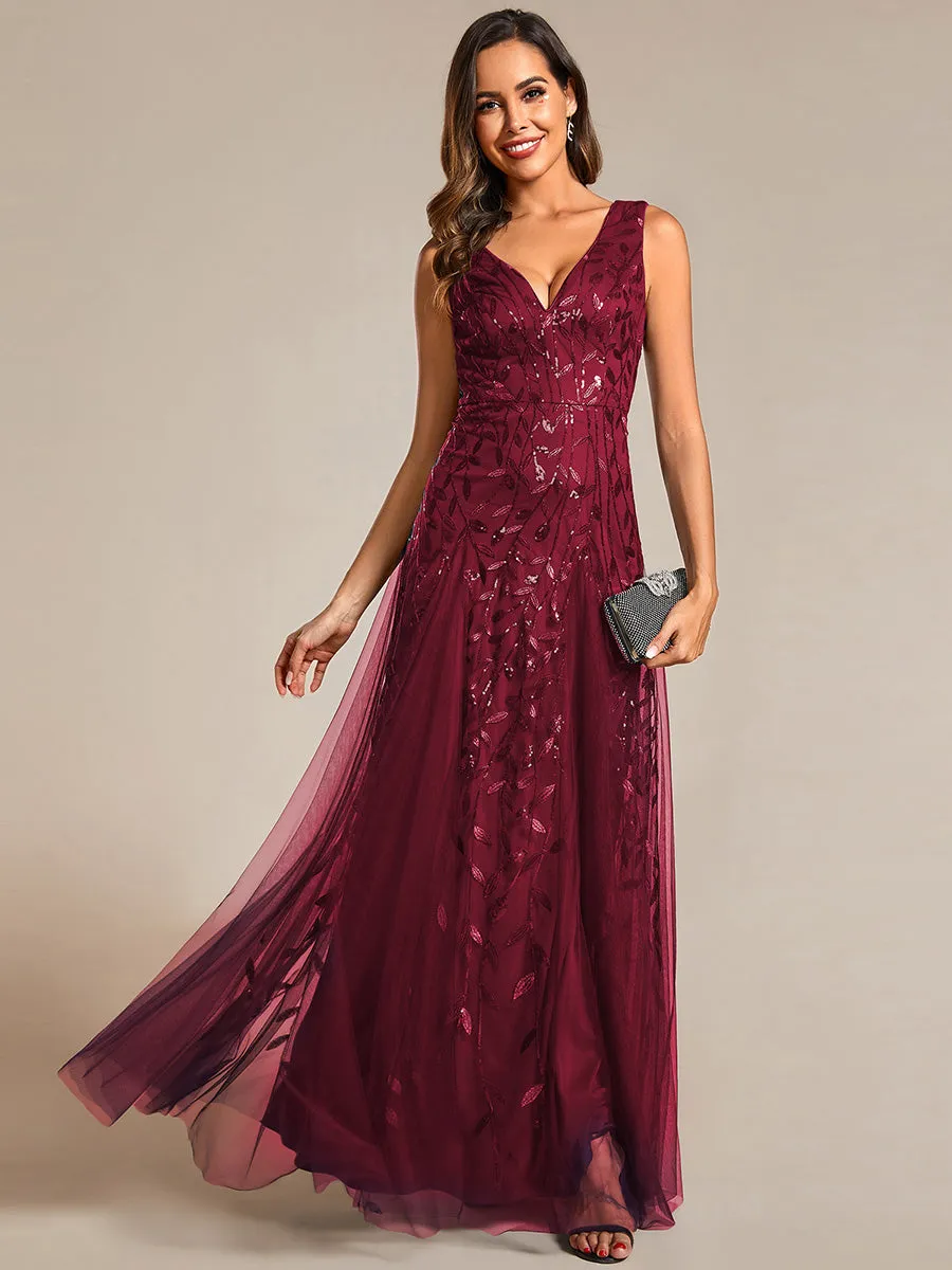 Shiny V-Neck Sequin Sleeveless Evening Dress with Tulle