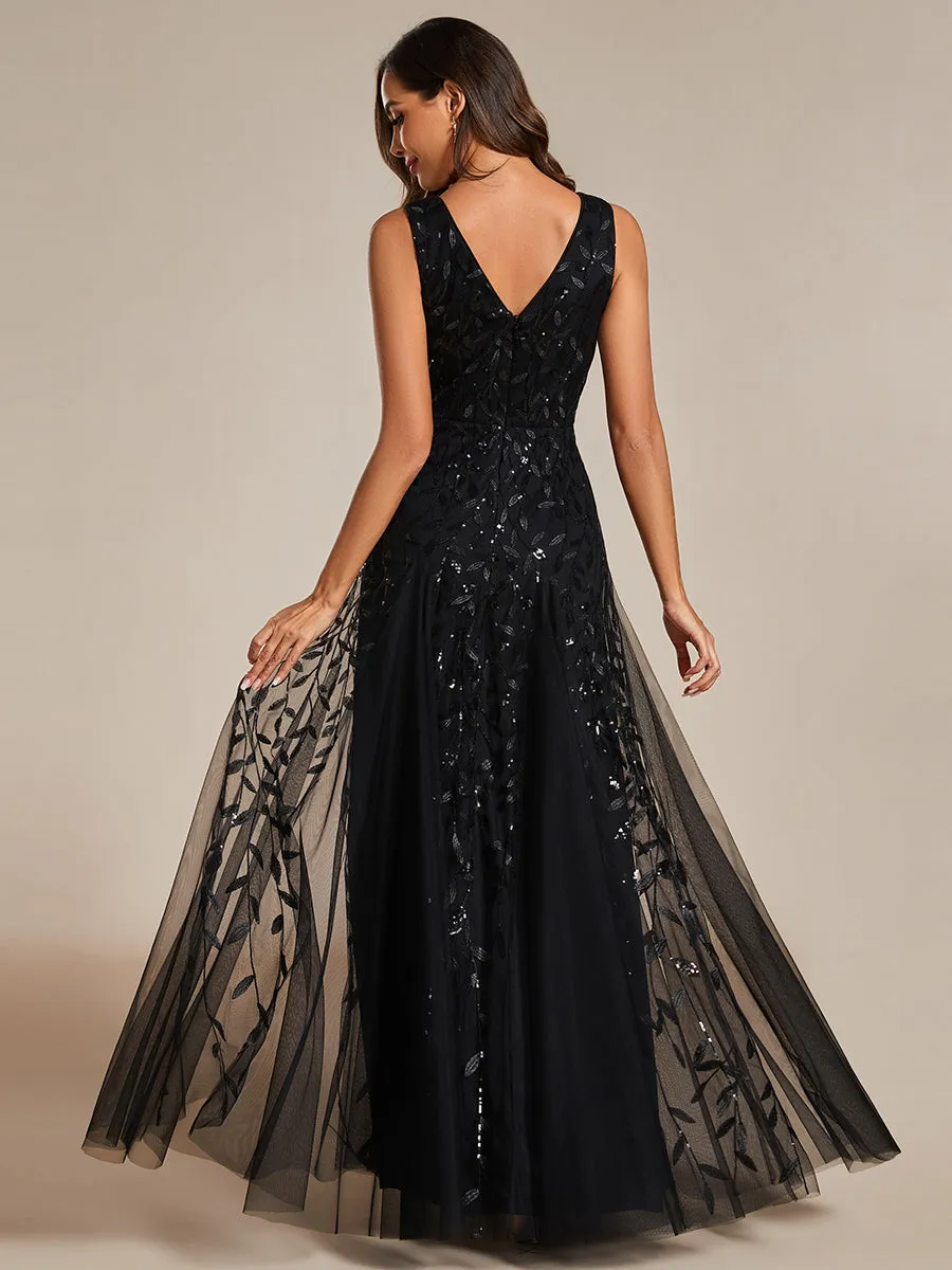 Shiny V-Neck Sequin Sleeveless Evening Dress with Tulle