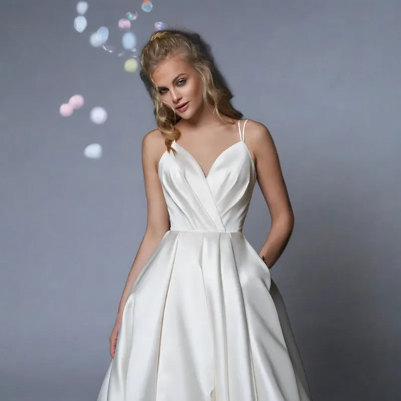 Simple A-Line Satin V-Neck Spaghetti Straps Wedding Dress