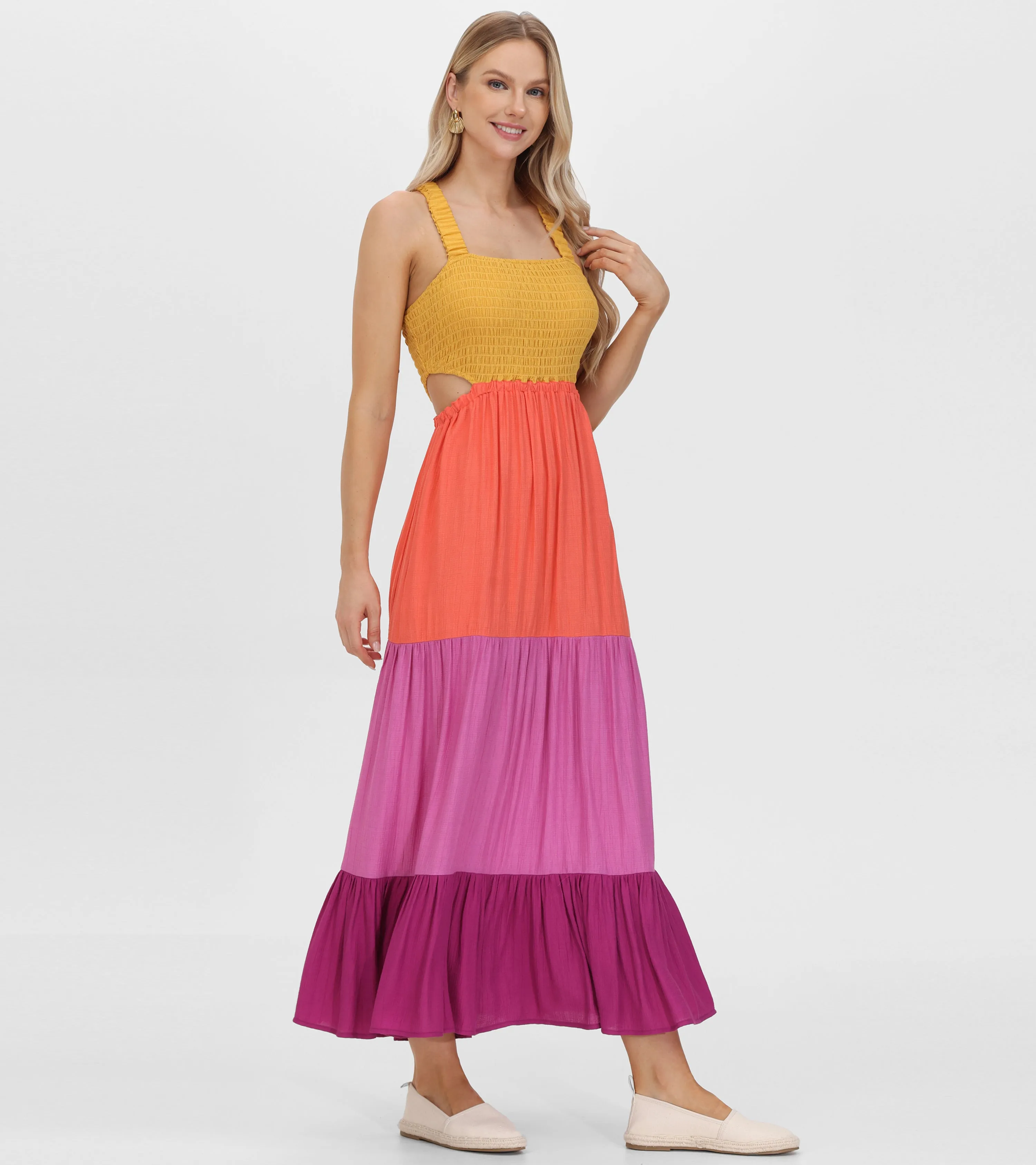 Smocked Color Block Maxi Dress