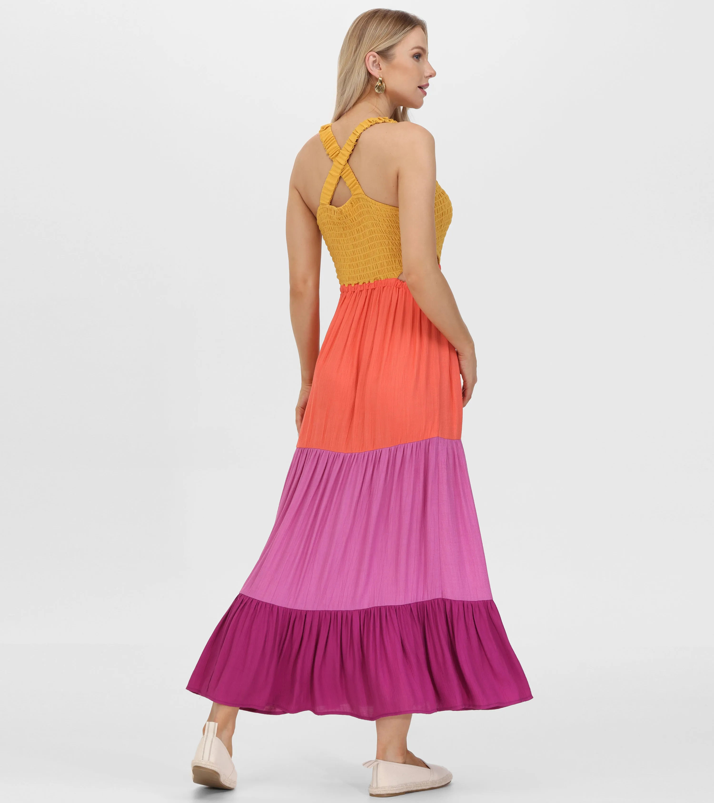 Smocked Color Block Maxi Dress