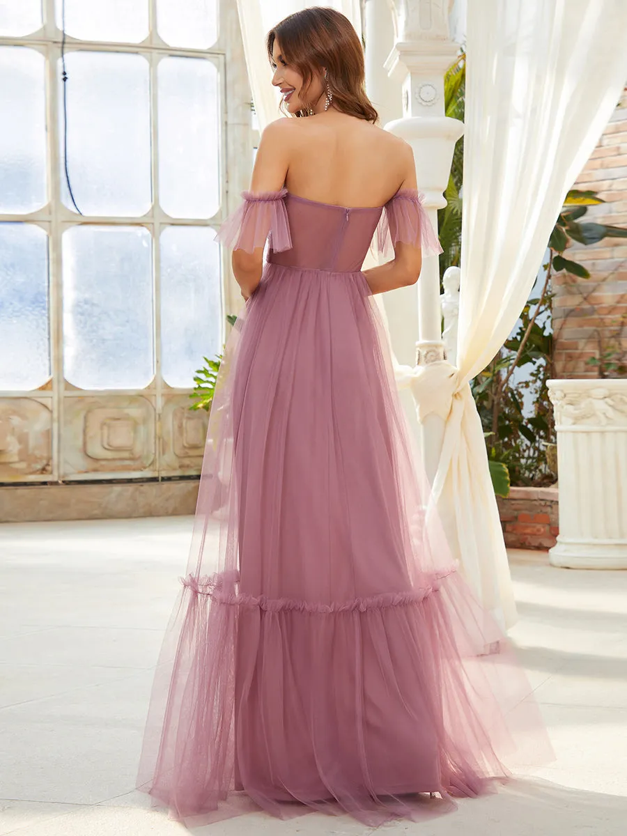 Strapless A Line Ruffles Sleeves Wholesale Evening Dresses