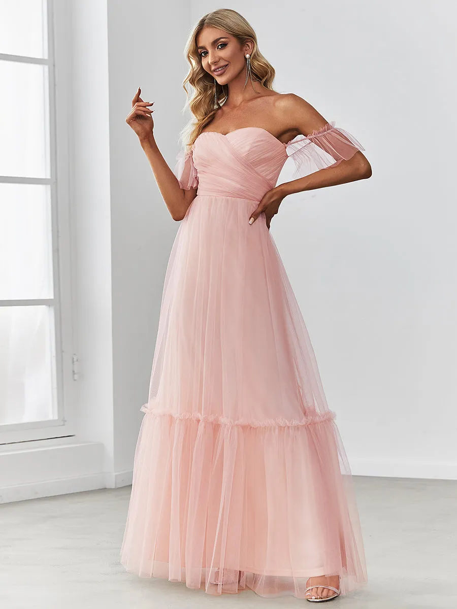 Strapless A Line Ruffles Sleeves Wholesale Evening Dresses