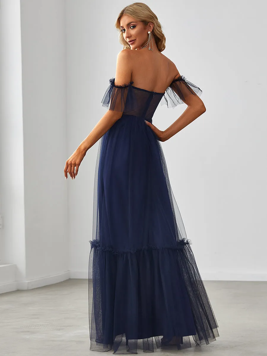 Strapless A Line Ruffles Sleeves Wholesale Evening Dresses