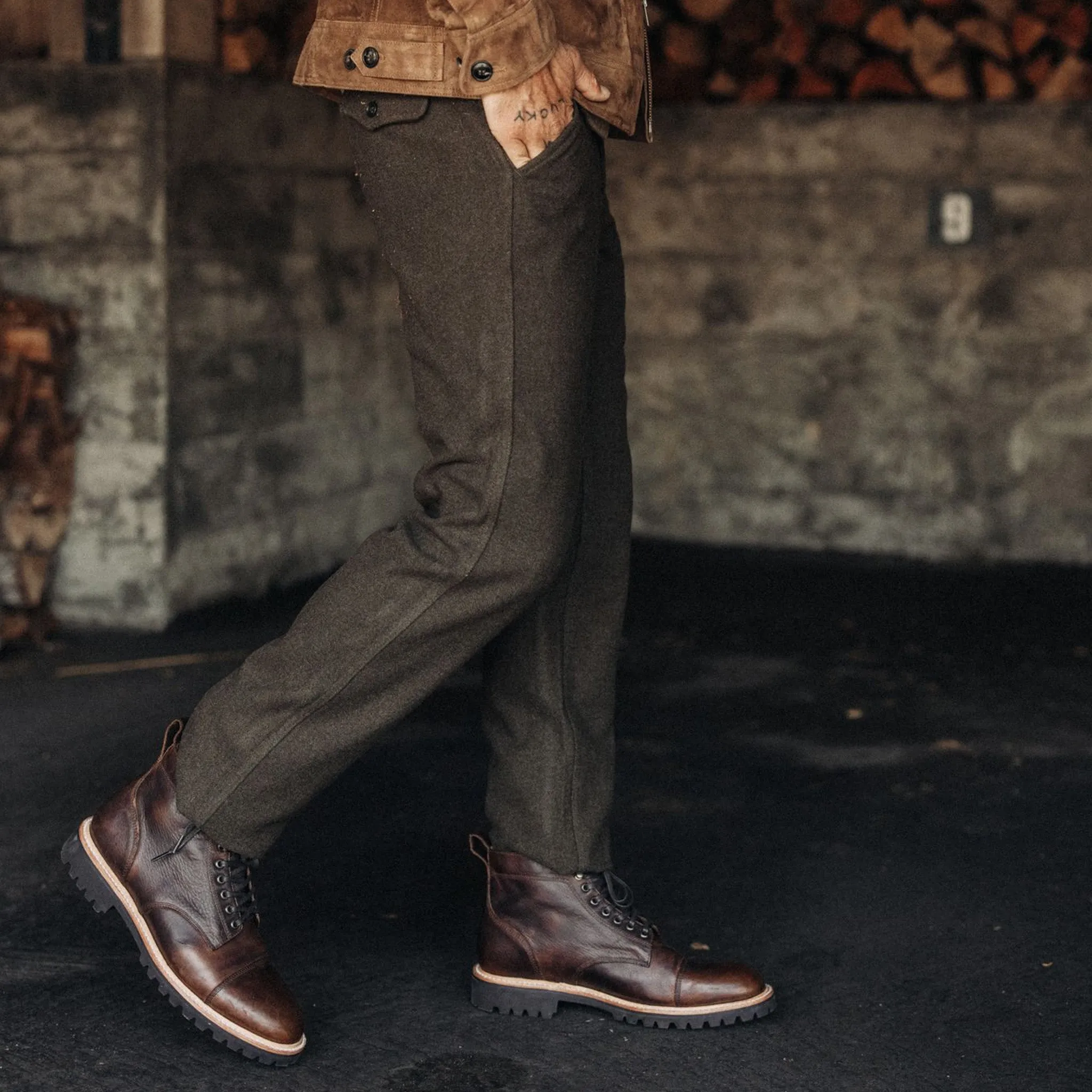 The Carnegie Pant in Army Herringbone Wool