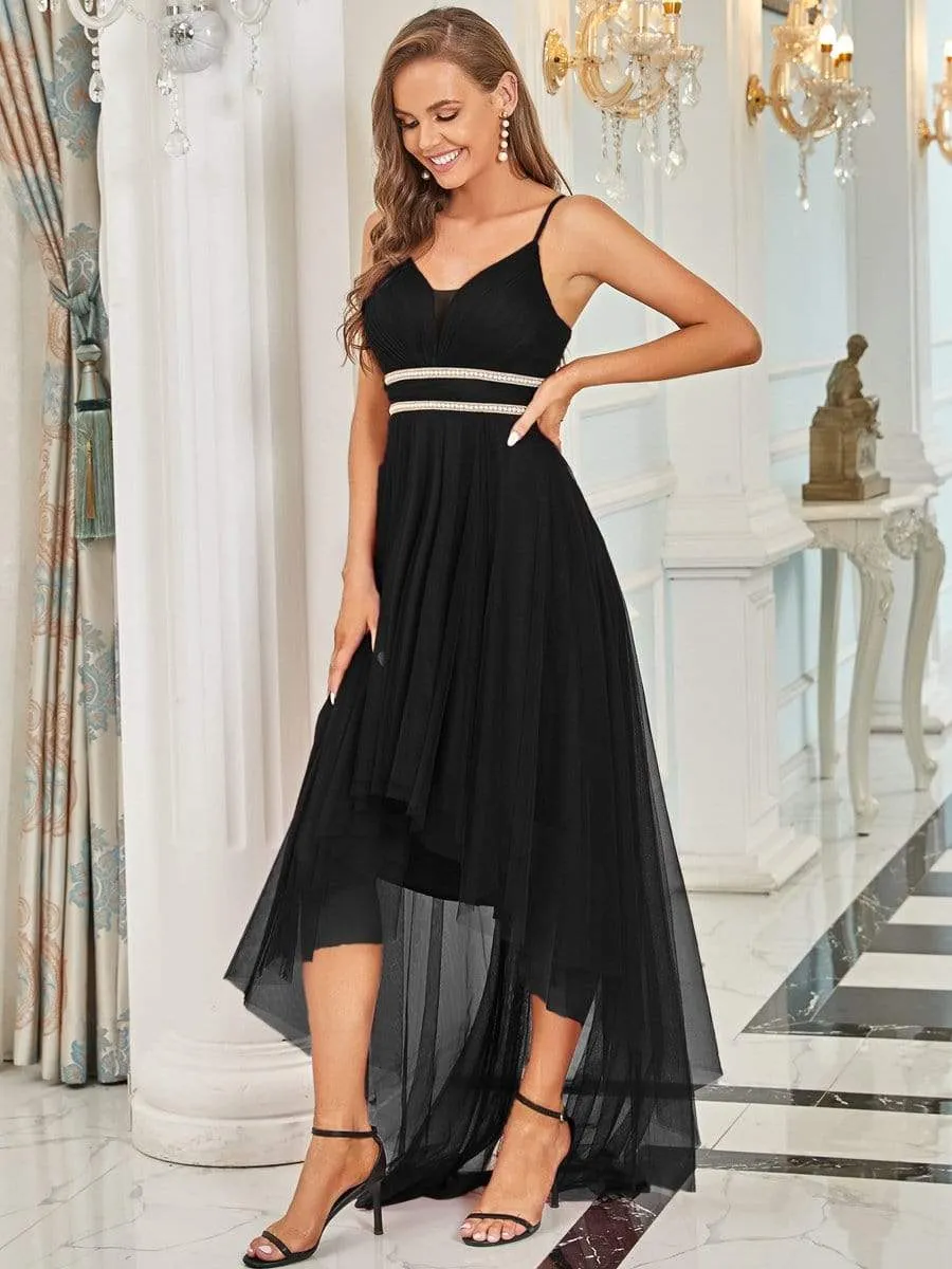 V Neck High-low Hem Pleated Tulle Prom Dress