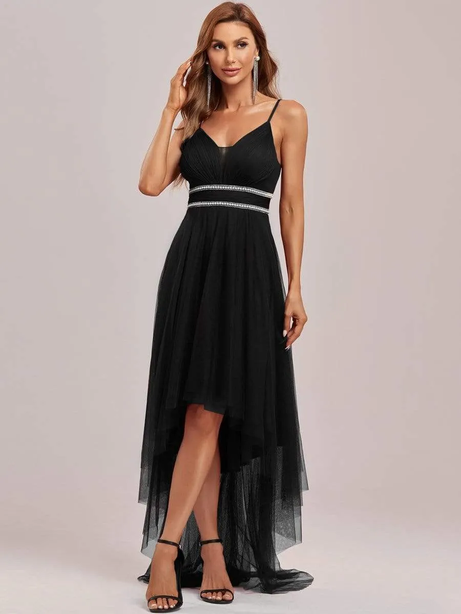 V Neck High-low Hem Pleated Tulle Prom Dress