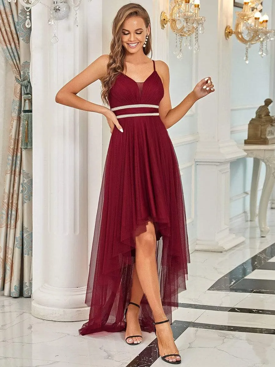 V Neck High-low Hem Pleated Tulle Prom Dress