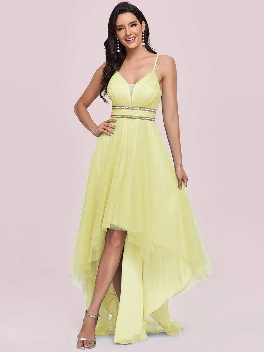 V Neck High-low Hem Pleated Tulle Prom Dress