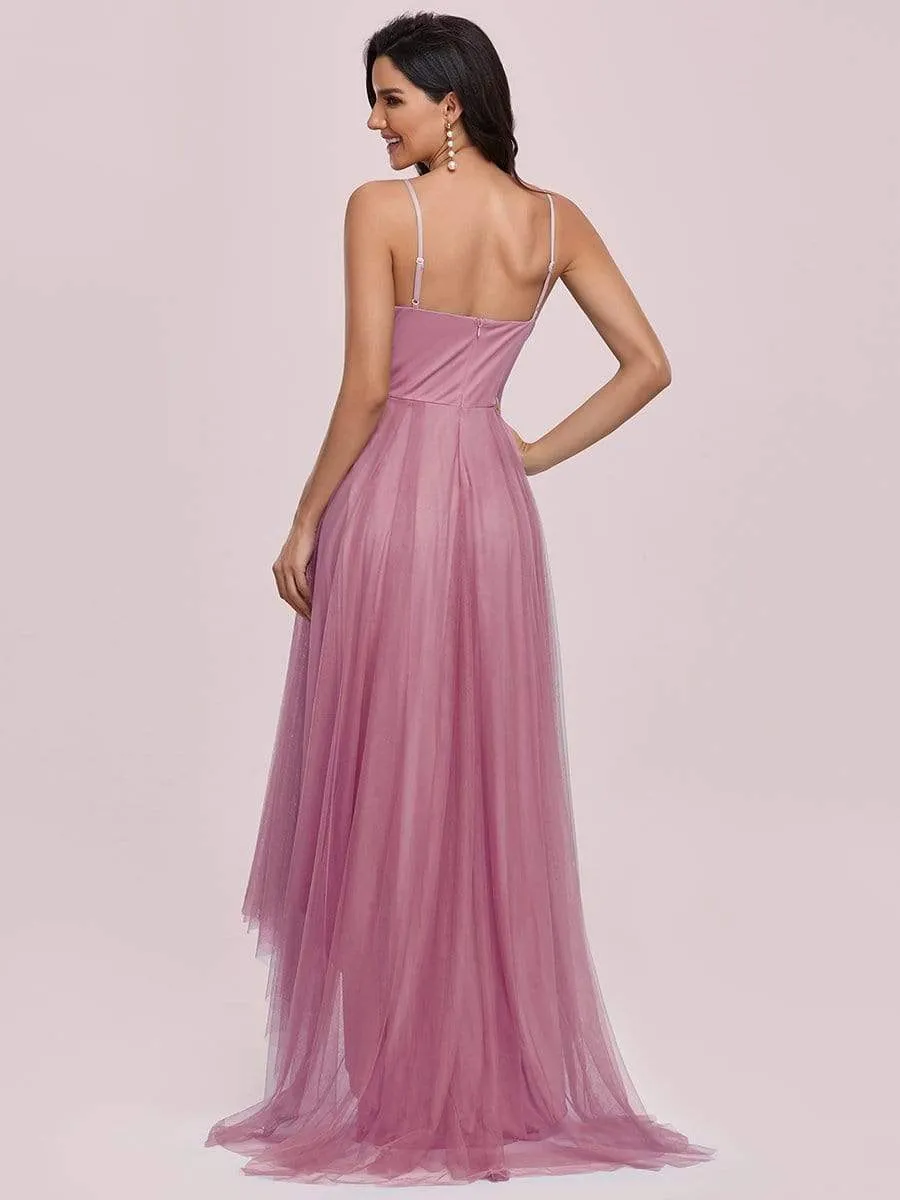 V Neck High-low Hem Pleated Tulle Prom Dress