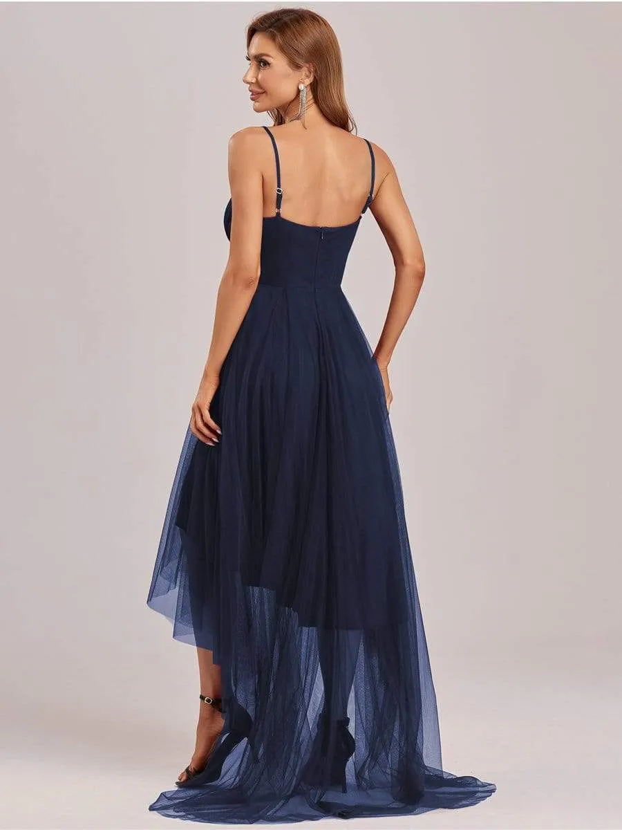 V Neck High-low Hem Pleated Tulle Prom Dress