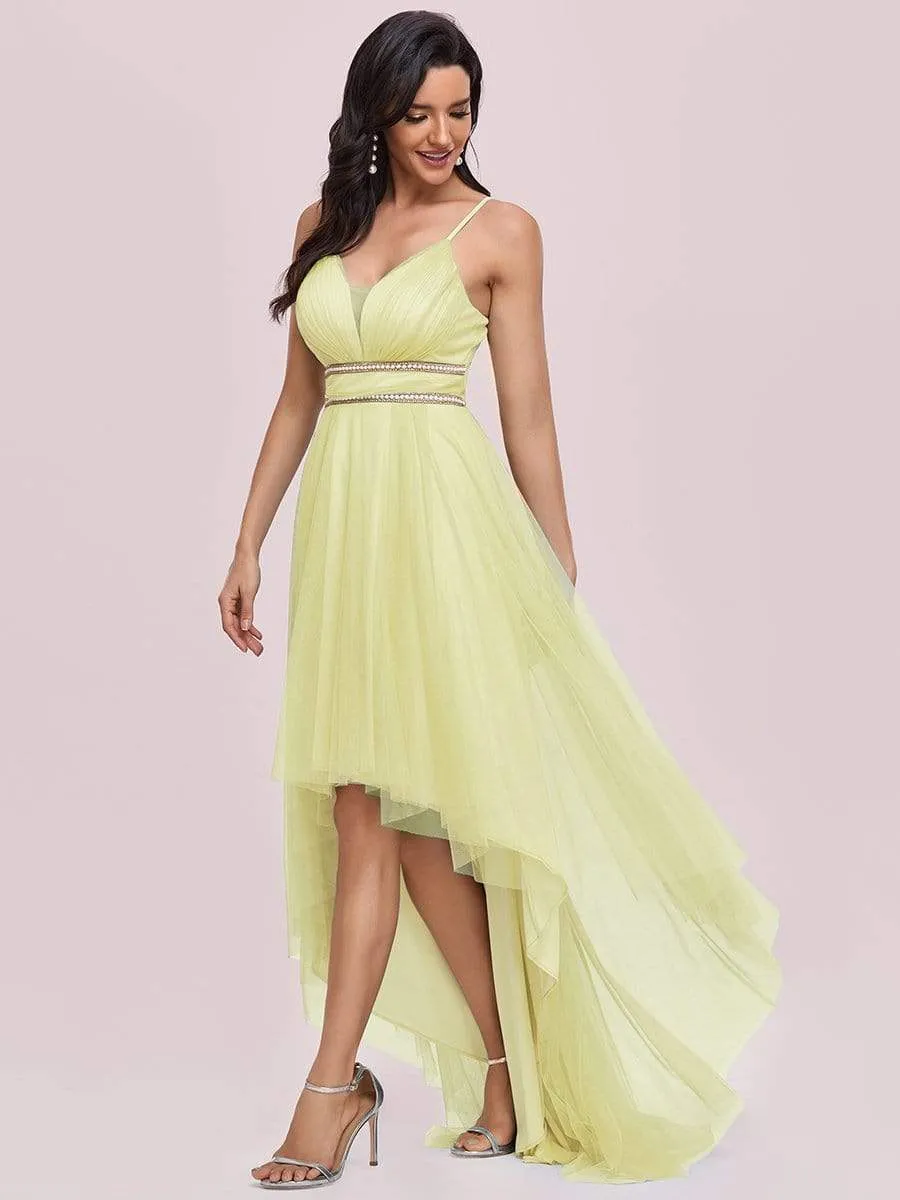 V Neck High-low Hem Pleated Tulle Prom Dress