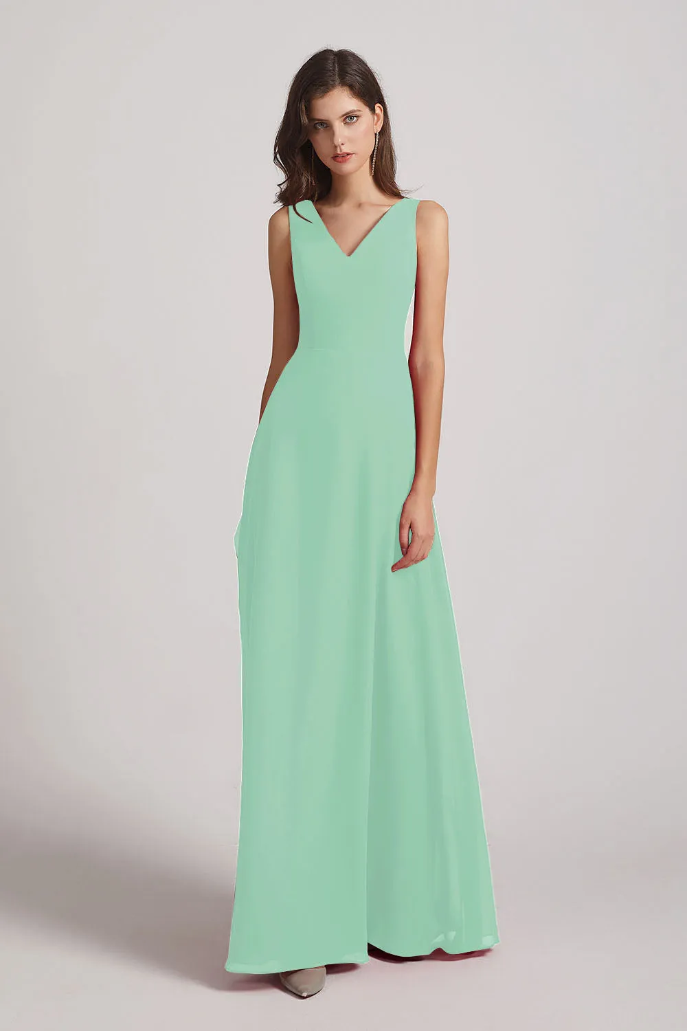 V-Neck Tie Back A-line Chiffon Long Bridesmaid Dresses (AF0059)