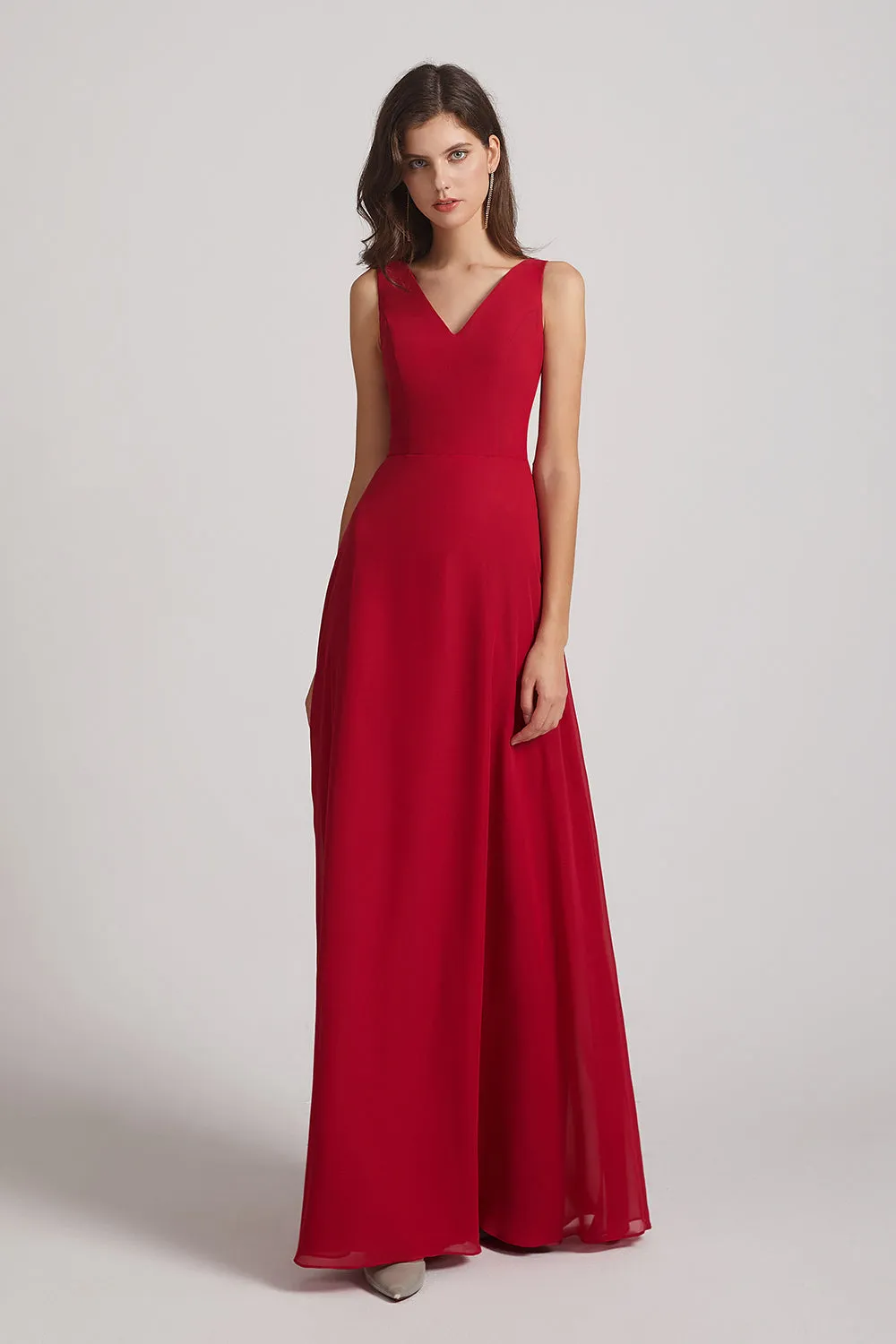 V-Neck Tie Back A-line Chiffon Long Bridesmaid Dresses (AF0059)