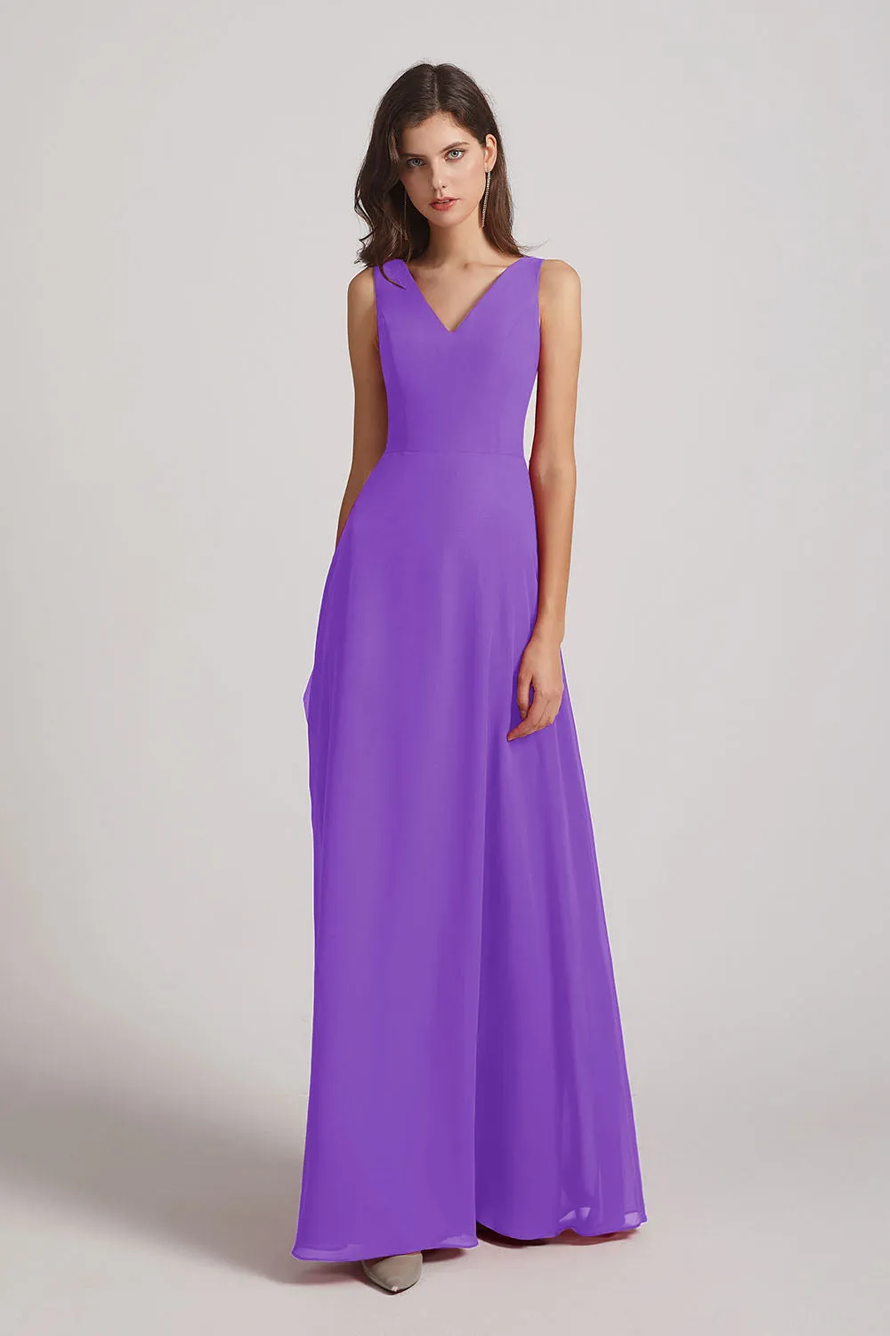 V-Neck Tie Back A-line Chiffon Long Bridesmaid Dresses (AF0059)