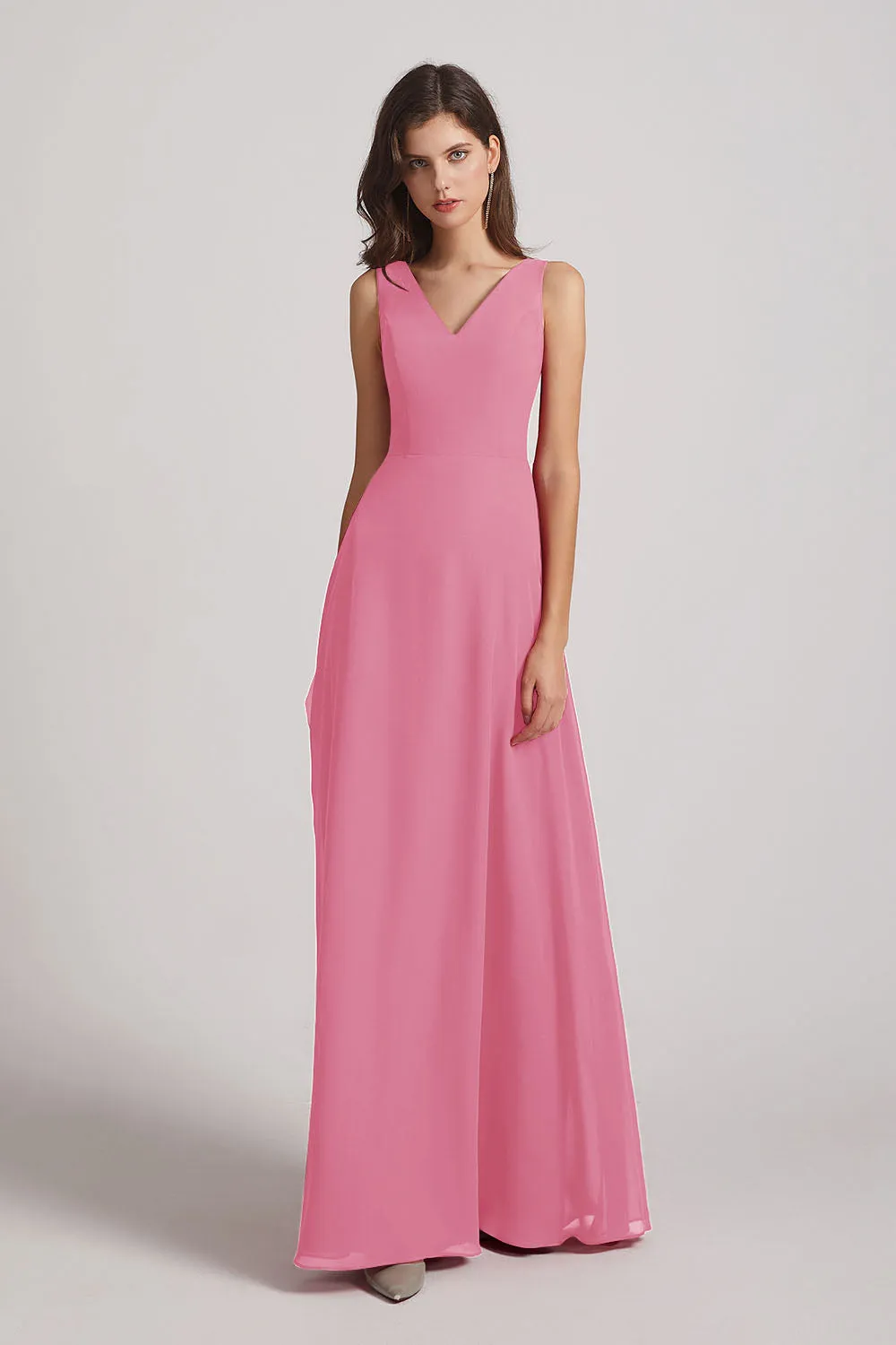 V-Neck Tie Back A-line Chiffon Long Bridesmaid Dresses (AF0059)