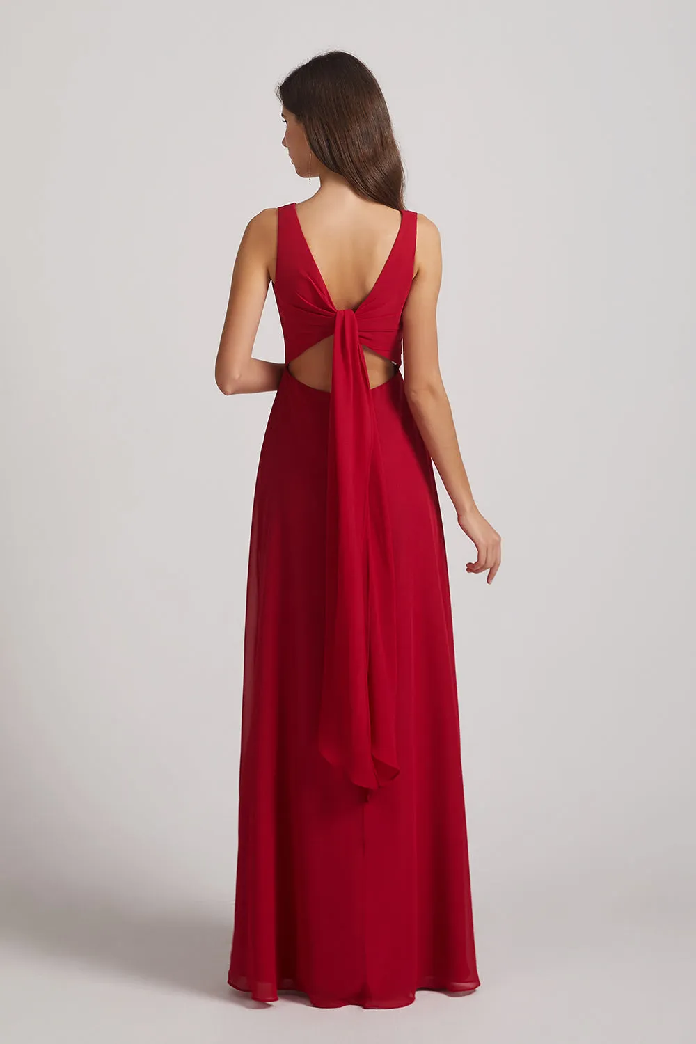 V-Neck Tie Back A-line Chiffon Long Bridesmaid Dresses (AF0059)