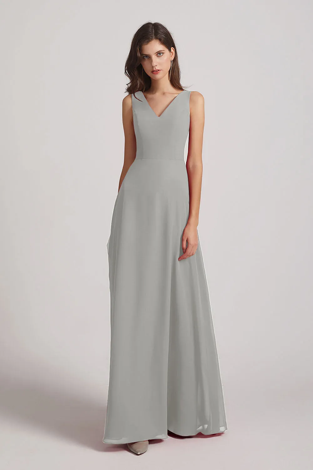 V-Neck Tie Back A-line Chiffon Long Bridesmaid Dresses (AF0059)