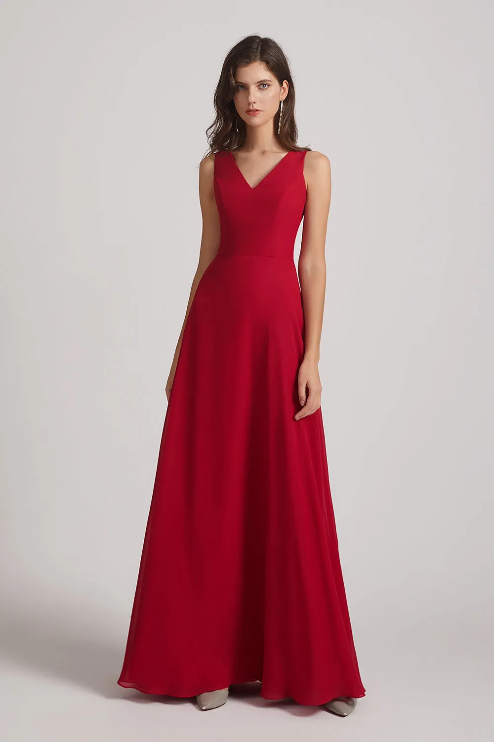 V-Neck Tie Back A-line Chiffon Long Bridesmaid Dresses (AF0059)