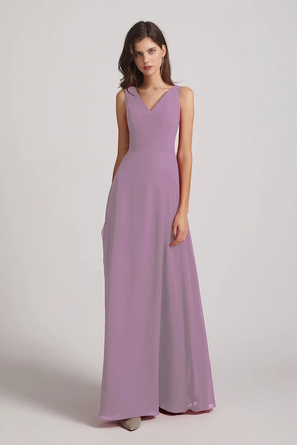 V-Neck Tie Back A-line Chiffon Long Bridesmaid Dresses (AF0059)