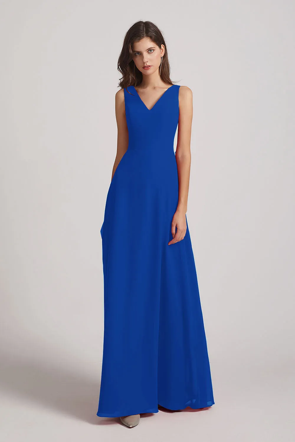 V-Neck Tie Back A-line Chiffon Long Bridesmaid Dresses (AF0059)