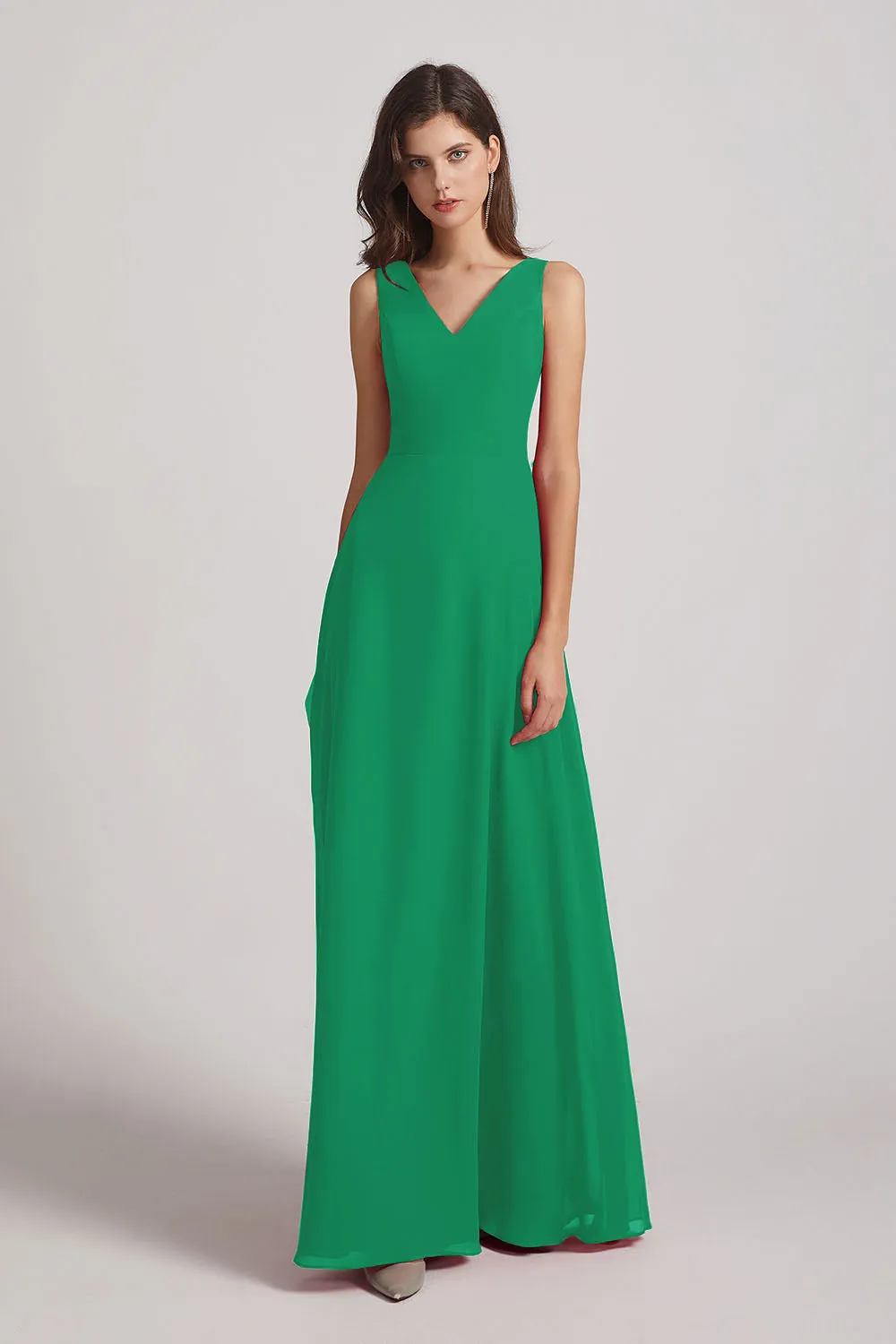 V-Neck Tie Back A-line Chiffon Long Bridesmaid Dresses (AF0059)