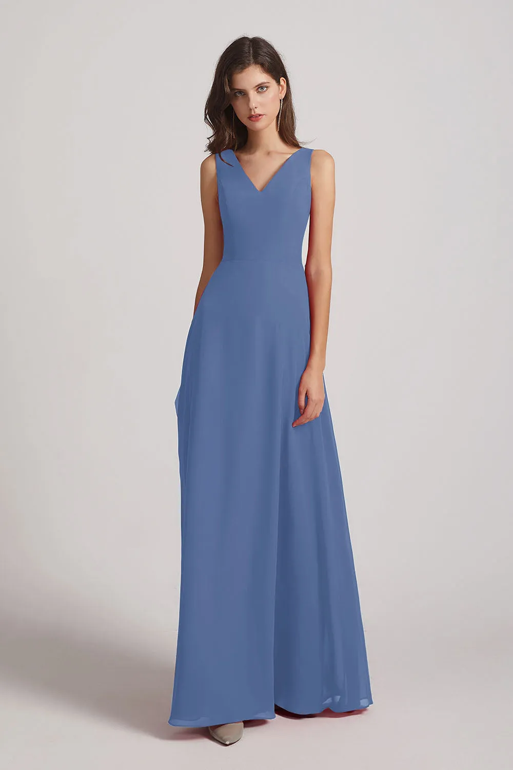 V-Neck Tie Back A-line Chiffon Long Bridesmaid Dresses (AF0059)