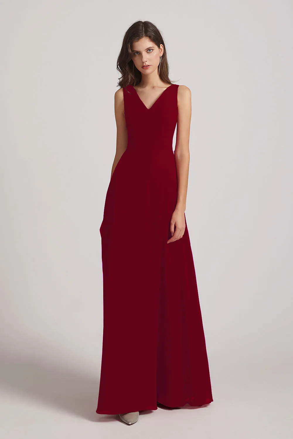 V-Neck Tie Back A-line Chiffon Long Bridesmaid Dresses (AF0059)