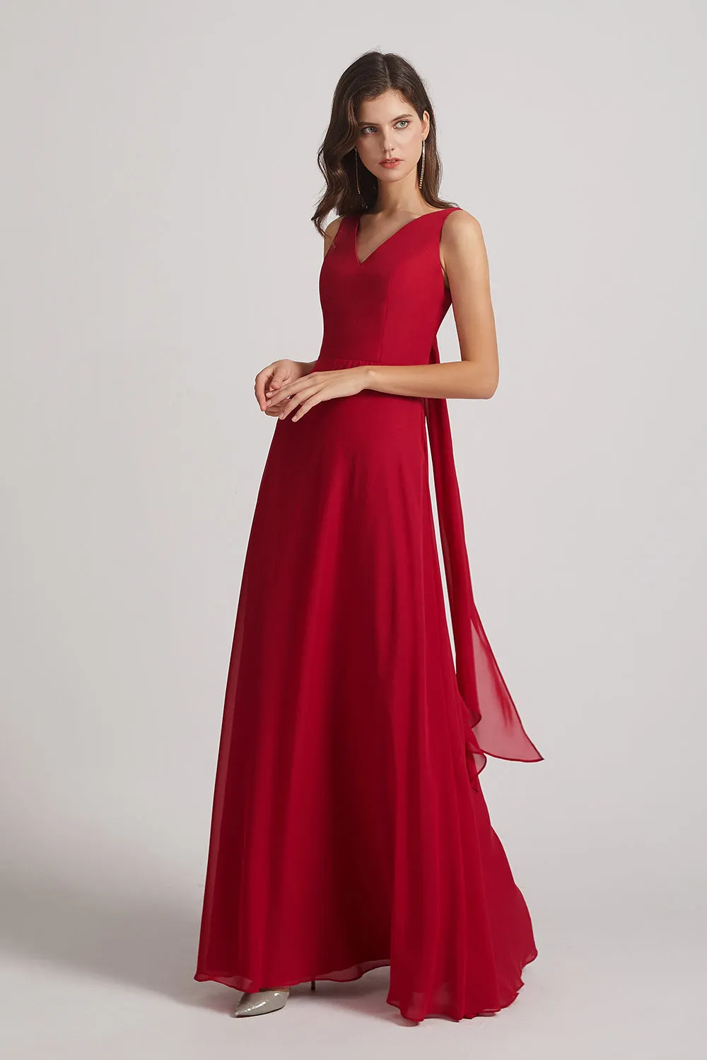 V-Neck Tie Back A-line Chiffon Long Bridesmaid Dresses (AF0059)