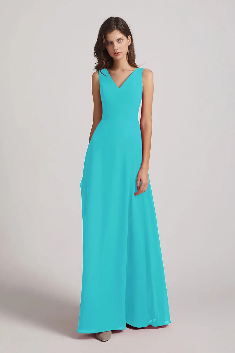 V-Neck Tie Back A-line Chiffon Long Bridesmaid Dresses (AF0059)